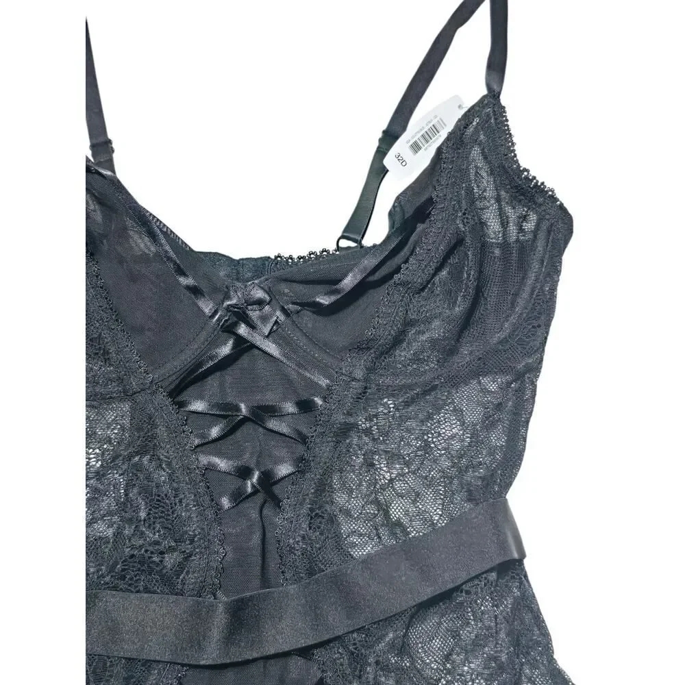 NWT Adore Me Women's Lingerie Lace Mesh Bustier Black Size‎ 32D Valentines Day